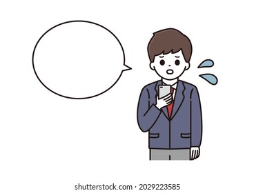 A balloon illustration of a high school boy in uniform who is having trouble operating a smartphone