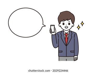 A balloon illustration of a high school boy in uniform talking with a smartphone with a smile