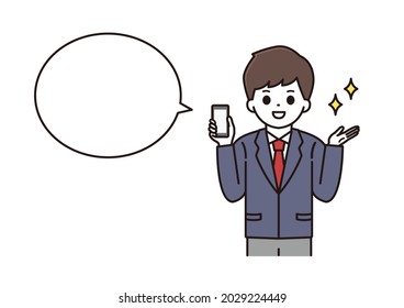 Ilustración en globo de un chico de secundaria con uniforme que explica con una sonrisa y sostiene un smartphone