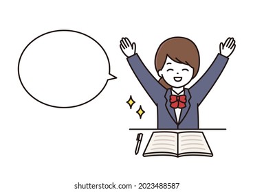 A balloon illustration of a high school girl in uniform who smiles and hurrays in front of the desk