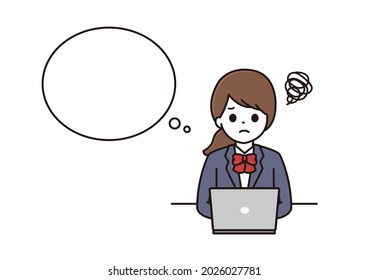 A balloon illustration of a high school girl in uniform who is worried in front of a computer