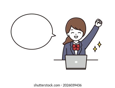 A balloon illustration of a high school girl in uniform who poses with a smile in front of a computer