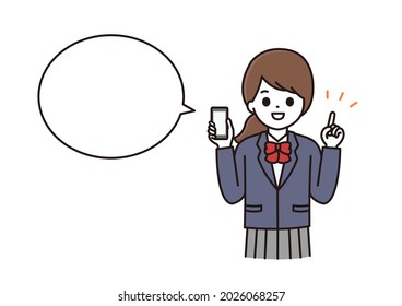 A balloon illustration of a high school girl in uniform explaining with a smile while holding a smartphone