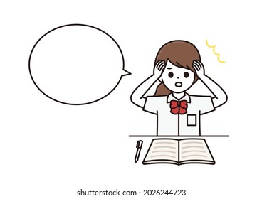 A balloon illustration of a high school girl in uniform who panics while studying