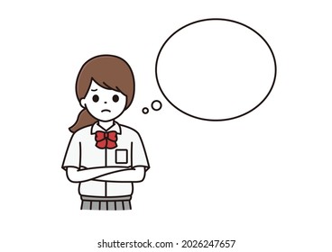 A balloon illustration of a high school girl in uniform who is worried with her arms folded