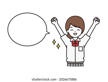 A balloon illustration of a high school girl in uniform doing a guts pose with a smile