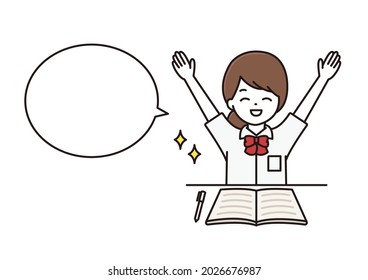 A balloon illustration of a high school girl in uniform who hurrays with a smile