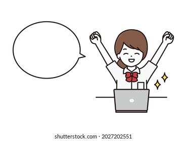 A Balloon Illustration Of A High School Girl In Uniform Doing A Guts Pose In Front Of A Laptop Computer