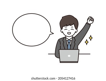 A balloon illustration of a man and a businessman in a suit who smiles and makes a guts pose in front of a computer