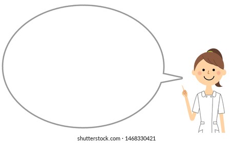 It is a balloon illustration of a nurse pointing a finger.