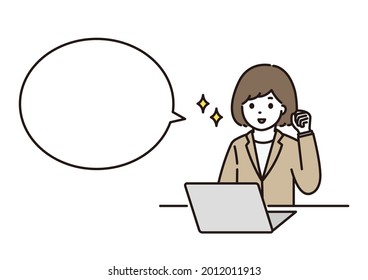 A balloon illustration of a woman in a suit, a business woman who smiles and guts poses in front of a computer
