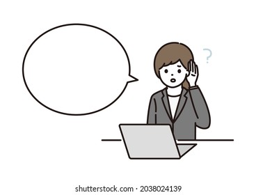 A balloon illustration of a woman in a suit with hearing loss who is hard to hear in front of a computer