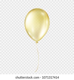 Balloon isolated on transparent background. Glossy gold festive 3d helium ballon. Vector realistic translucent golden baloon mockup for anniversary, birthday party design