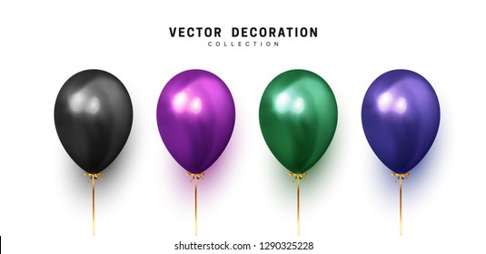 Balloon isolated on white background. Holiday element design realistic baloon with gold ribbon and bow