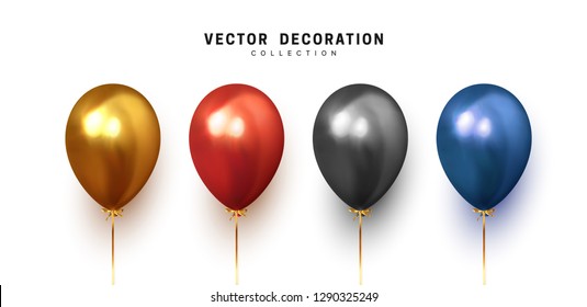 Balloon isolated on white background. Holiday element design realistic baloon with gold ribbon and bow