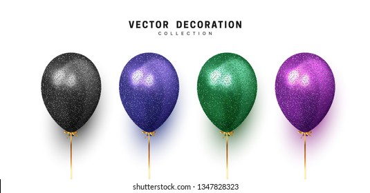 Balloon isolated on white background. Holiday element design realistic baloon with gold ribbon and bow