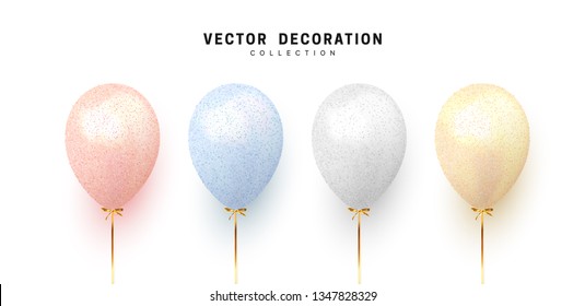 Balloon isolated on white background. Holiday element design realistic baloon with gold ribbon and bow