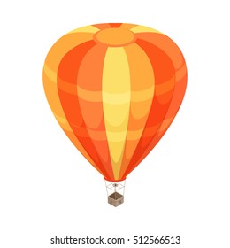 Balloon isometric projection icon. Orange striped hot air balloon with basket vector illustration isolated on white background. For game environment, transport infographics, logo, web design