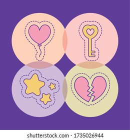 balloon key stars and broken heart design, Cute patch expression emoticon and childhood theme Vector illustration