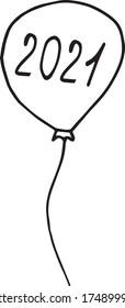 balloon and lettering 2021 hand drawn in doodle style. vector scandinavian monochrome minimalism. single element for card, poster, sticker, invitation holiday celebration decor