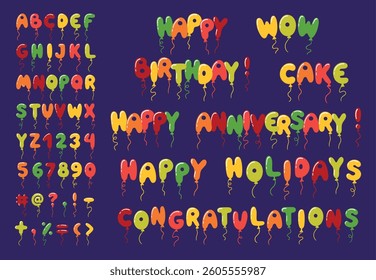 Balloon letters and numbers. Bubble font elements with strings, flying letter. Different phrases for cards, birthday anniversary congratulation, neoteric vector design