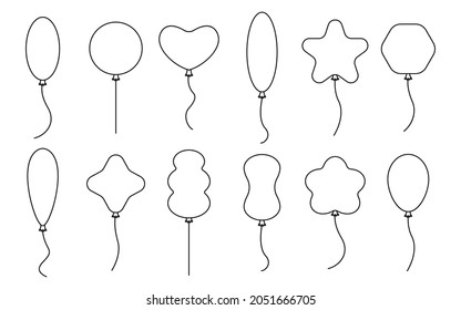 Balloon line outline air with rope, shapes heart, star, flower, oval flat style set. Balls isolated on white background. Happy birthday, party concept, celebration, advertising, anniversary. Vector