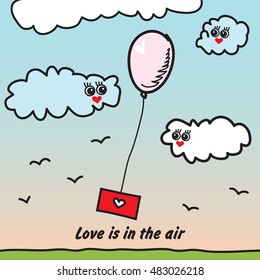 Balloon with love letter flying in the sky with cute clouds. Love is in the air