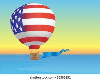 Balloon made from a flag USA against an evening sea landscape