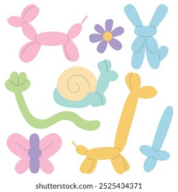 Balloon modelling animals vector flat set. Different animals and flower made of balloon flat set