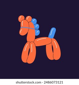 Balloon modelling, twisting for Birthday party decoration. Childish inflatable rubber toy of horse. Children helium figure with animal shape. Kids event decor. Flat isolated vector illustration