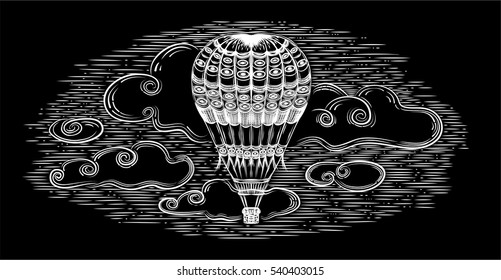 A balloon with a  night cloudy sky.Vintage.Hot air balloon. Vector isolated illustration.