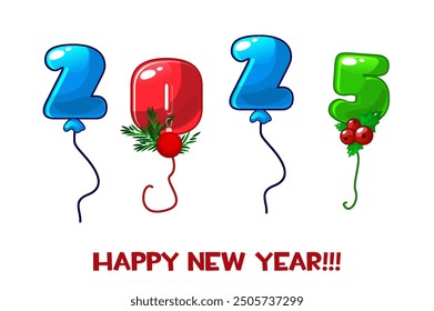 Balloon number 2025 new year, isolated vector. Holiday party decoration. Cartoon balloon shiny font
