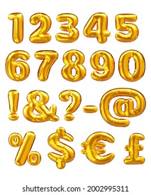 Balloon numbers. Gold metallic currency symbols. 3d vector realistic golden font. ABC foil decoration, part 3