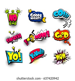 Balloon on halftone dot background pop art style. loudspeaker. 9 Funny set comic book cartoon text phrase go, yo, smash, wow. Colored dialog box cloud. Abstract creative vector colorful speech bubble.