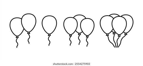 Balloon outline icons. Set of balloons icons, Different shapes of balloons for birthday, party icon. Balloons vector illustration transparent background. Editable stroke.