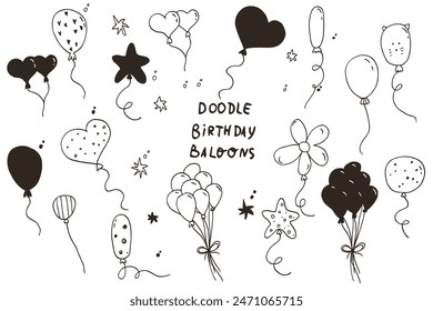 Balloon outline icons set. Balloon with string in line cartoon style. Different shapes of ballons for birthday, party and wedding. Black contour of baloon silhouettes in doodle minimal style. Vector.