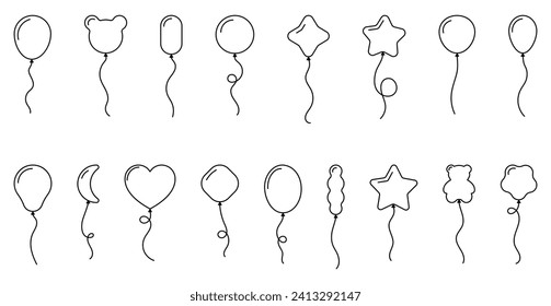 Iconos de contorno de globo con estilo de caricatura de línea. Diferentes formas para cumpleaños, fiesta, boda. Contorsión negra de siluetas de globos. Vector