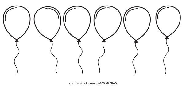 Balloon outline icons. Balloon with string in line cartoon style. Different shapes of ballons for birthday, party and wedding. Black contour of baloon silhouettes in doodle minimal style. 