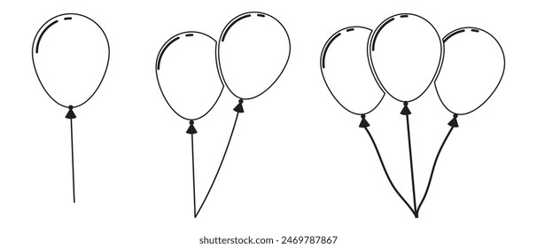 Balloon outline icons. Balloon with string in line cartoon style. Different shapes of ballons for birthday, party and wedding. Black contour of baloon silhouettes in doodle minimal style. 