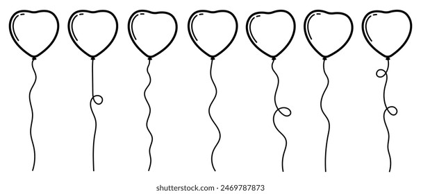 Balloon outline icons. Balloon with string in line cartoon style. Different shapes of ballons for birthday, party and wedding. Black contour of baloon silhouettes in doodle minimal style. 