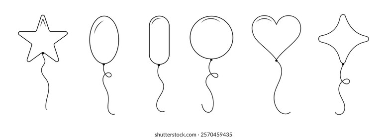 
Balloon outline icons. Balloon with string in line cartoon style. Different shapes of balloons for birthday, party and wedding. Black contour of silhouettes in doodle minimal style. 
