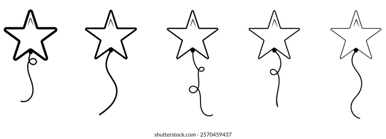 
Balloon outline icons. Balloon with string in line cartoon style. Different shapes of balloons for birthday, party and wedding. Black contour of silhouettes in doodle minimal style. 