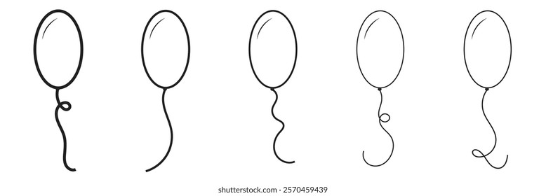 
Balloon outline icons. Balloon with string in line cartoon style. Different shapes of balloons for birthday, party and wedding. Black contour of silhouettes in doodle minimal style. 