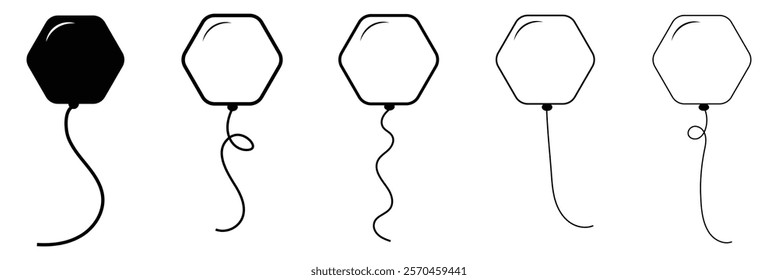 
Balloon outline icons. Balloon with string in line cartoon style. Different shapes of balloons for birthday, party and wedding. Black contour of silhouettes in doodle minimal style. 