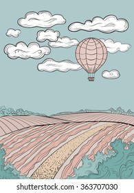 Balloon over the field. Vintage landscape. Vector illustration EPS 10.