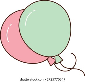 Par de balões com realces brilhantes e contorno fino, unidos com uma corda. Símbolo de celebração, alegria de festa, diversão de aniversário e festividade. Ilustração de vetor de desenhos animados.