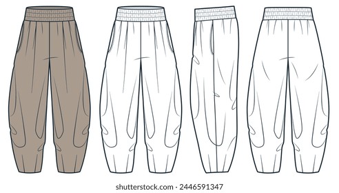 Balloon Pants fashion technical drawing template. Harem Pants technical fashion illustration, elastic waistband, oversize,  front, side and back view, white, brown, women, men, unisex CAD mockup set. 