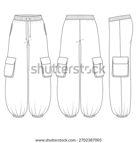 Balloon Pants Flat Sketch Drawing Template — gathered Waist Trousers with Utility Pockets, Full Technical Fashion Flats