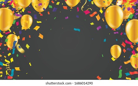 balloon party background with colorful streamers for celebrating a carnival forming a border around copy space with scattered confetti