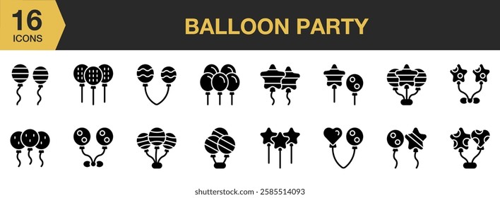 Balloon Party solid icon set. Includes celebration, balloon, party, festive, surprise, and More. Solid icons vector collection.